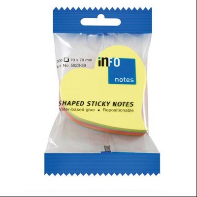 Blok samolepljiv oblik 70x70mm 200L Srce zakrivljeno Info Notes 5823-39 neon-sort blister