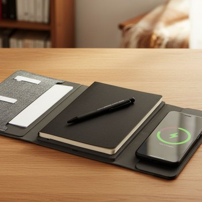 FULTON 3IN1, portfolio sa notesom a5, pomoćnom baterijom 5.000 mah, bežičnim punjačem za tri uređaja i magnetom u poklon kutiji, tamno sivi