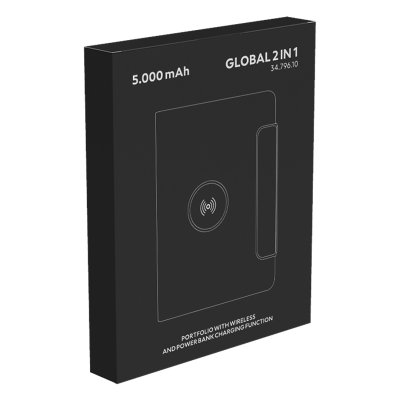 GLOBAL 2IN1, portfolio sa notesom a5, pomoćnom baterijom 5.000 mah, bežičnim punjačem za dva uređaja i magnetom u poklon kutiji, crni