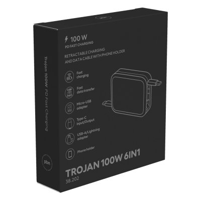 TROJAN 100W 6IN1, type-c kabl za punjenje i prenos podataka, sa držačem za mobilne uređaje, 6 u 1, 100w, srebrni