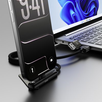GEIGER 2IN1, usb type-c kabl za punjenje i prenos podataka, sa rotirajućim držačem za mobilne uređaje, 2 u 1, 240w, crni