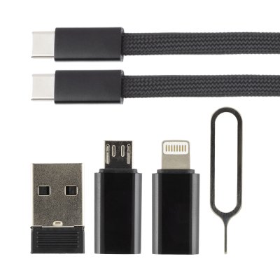 CRUX, plastična kutijica sa usb kablom, adapterima i držačem za mobilne uređaje, 8/1, crna