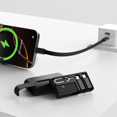 CRUX, plastična kutijica sa usb kablom, adapterima i držačem za mobilne uređaje, 8/1, crna