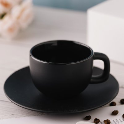 TOTEM, set od dve keramičke šolje za cappuccino sa tacnama, 2 x 200 ml, crni