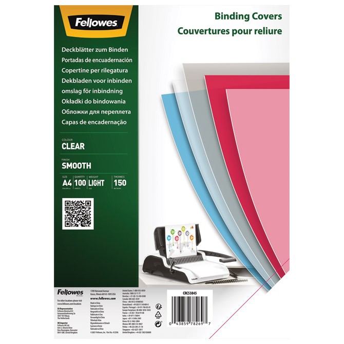 Korice za spiralno koričenje PET 150my pvc A4 pk100 Fellowes 5384501 providne