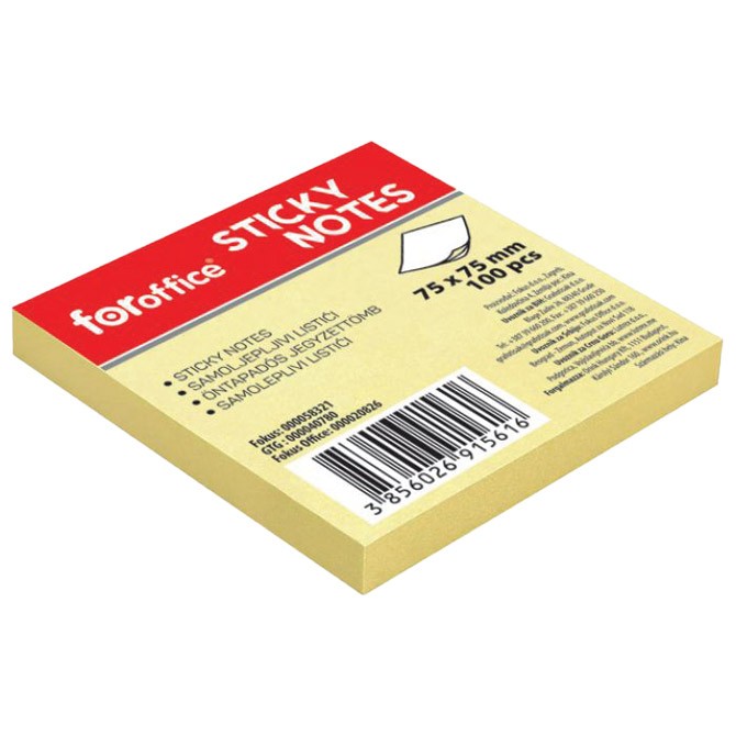Blok samolepljiv 75x75mm 100L FORoffice 58321 žuti