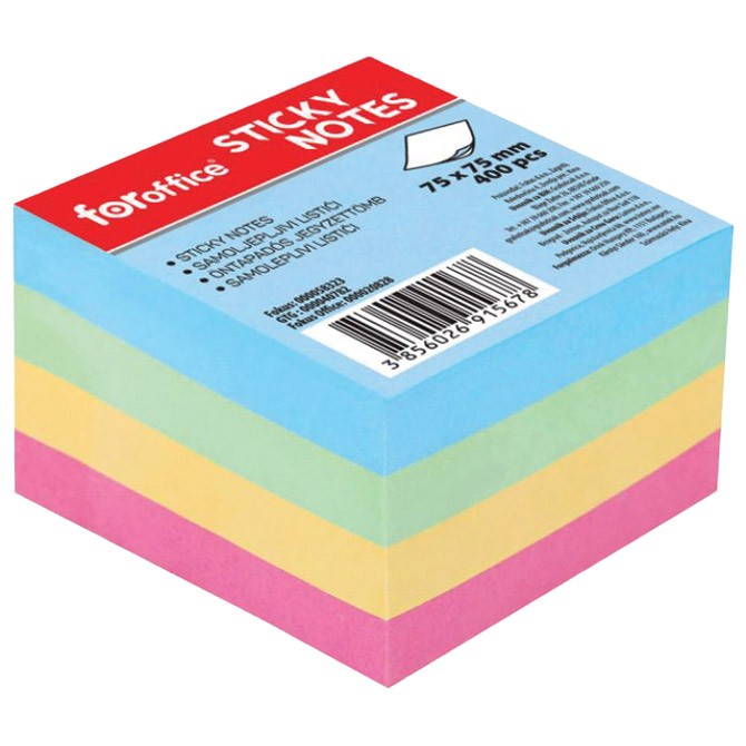 Blok samolepljiv kocka 75x75mm 400L FORoffice 58323 4boje pastel