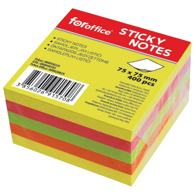 Blok samolepljiv kocka 75x75mm 400L FORoffice 58325 5boja neon