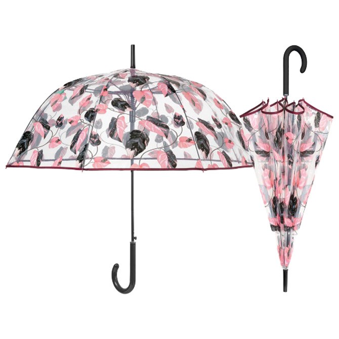 Kišobran automatik s plastičnom ručkom Poe Time Perletti 26390 providan, listovi roze-crni