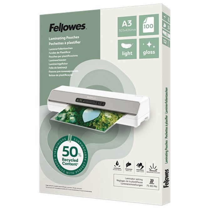 Folija za plastificiranje 80my A3 sjajna 50% reciklirani materijal pk100 Fellowes 100142988