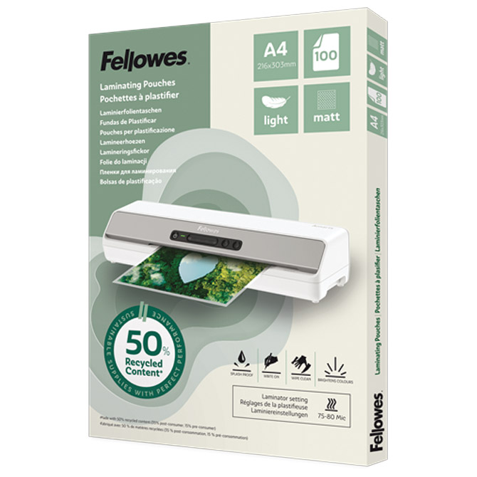 Folija za plastificiranje 80my A4 mat 50% reciklirani materijal pk100 Fellowes 100143435